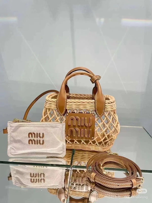 Woven Fabric Handbag With Leather Trim