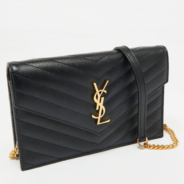 Saint Laurent Black Matelassé Leather Monogram Envelope Wallet on Chain