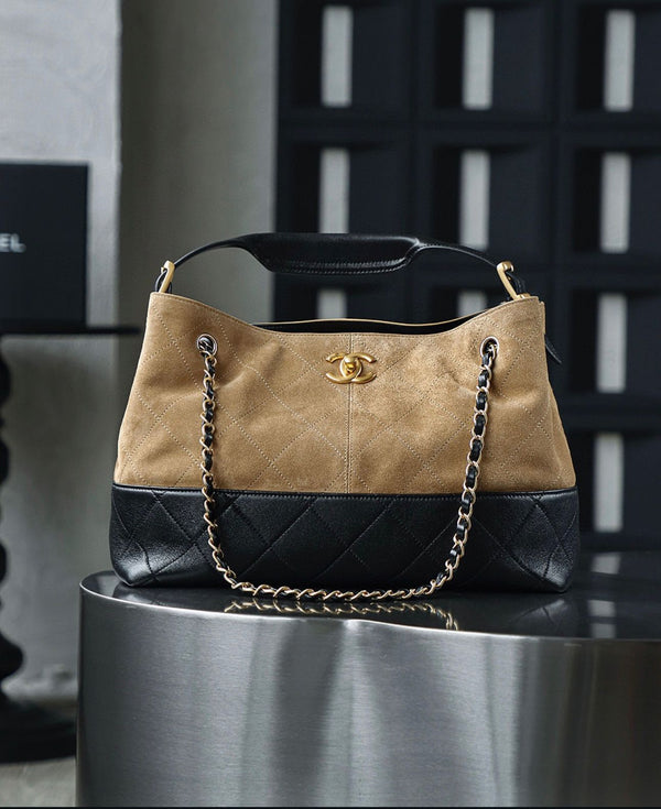 chanel Shopping Bag In Suede Calfskin Lambskin And Gold Tone Metal Brown and black