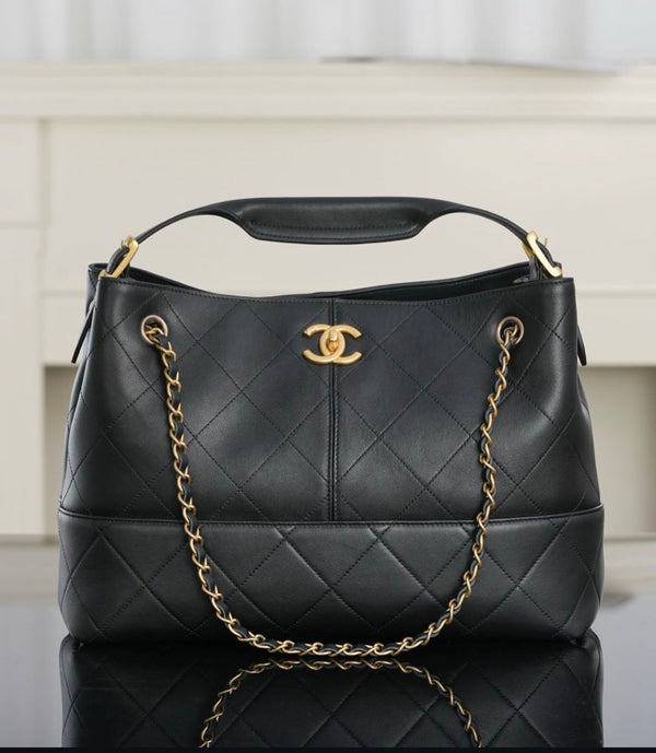 chanel Shopping Bag In Suede Calfskin Lambskin And Gold Tone Metal black leather