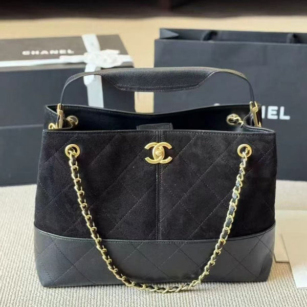 chanel Shopping Bag In Suede Calfskin Lambskin And Gold Tone Metal black Suede And leather