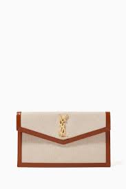 Saint Laurent Uptown Pouch Beige Canvas Brown Leather Gold
